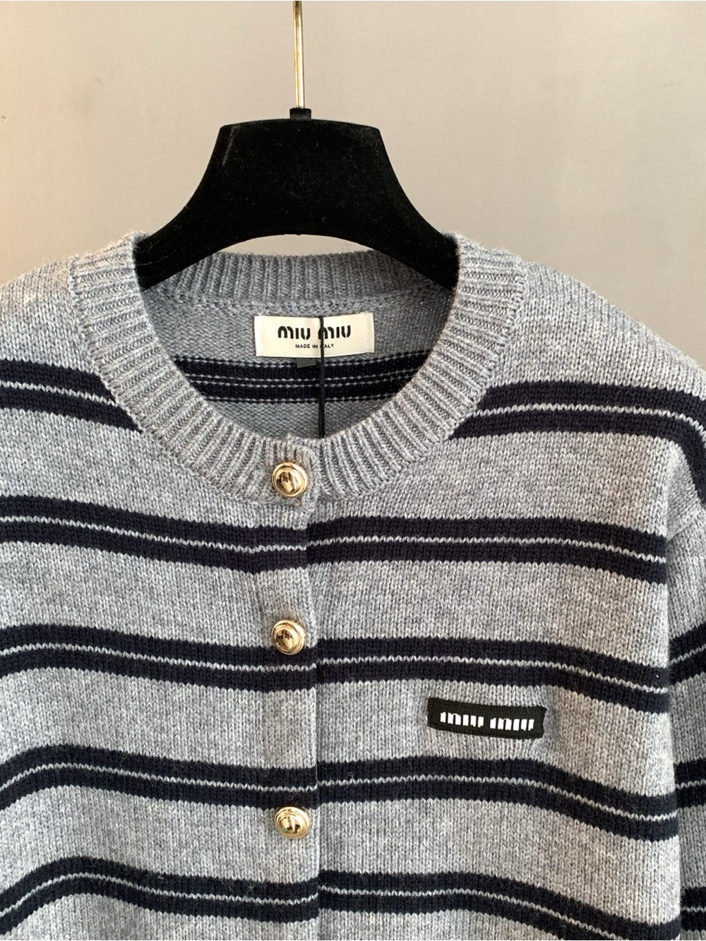 Miu Miu Gray Crewneck Sweater with Navy Stripes - Picture 3 of 10